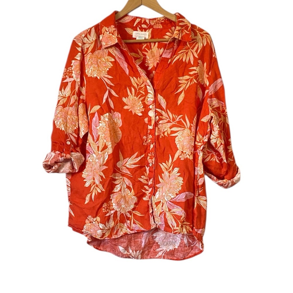 Cynthia Rowley 100% Linen Button Down Shirt Hawaiian Floral Resort Coastal 1X